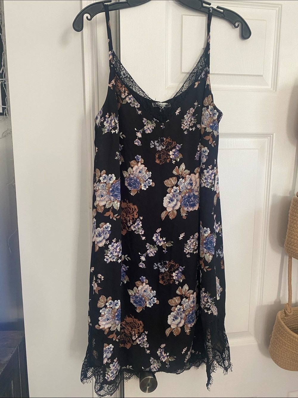 Charlotte Russe Black Floral Slip Dress with Lace Trim